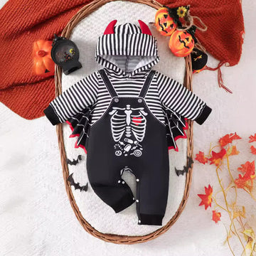 Baby Bat Skeleton Striped Hooded Romper