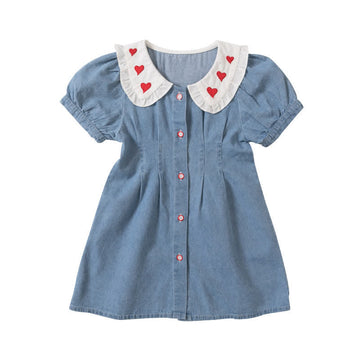 Kid Girl Blue Lapel Love Denim Dress