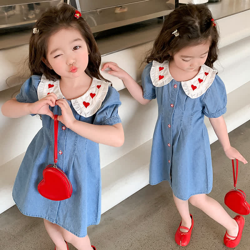 Kid Girl Blue Lapel Love Denim Dress