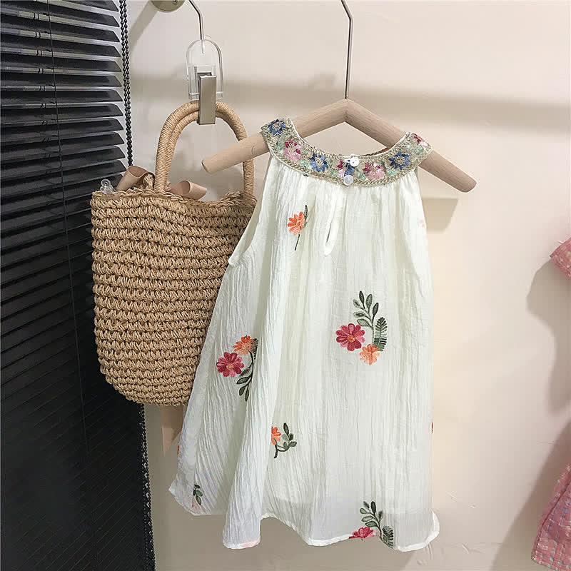 Kid Girl Embroidered Floral Sleeveless Halterneck Beach Dress