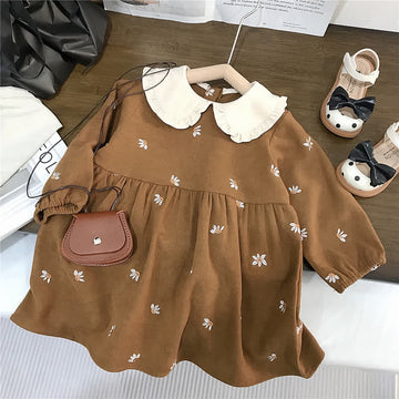 Kid Girl Lapel Embroidered Floral Long-sleeved Princess Dress