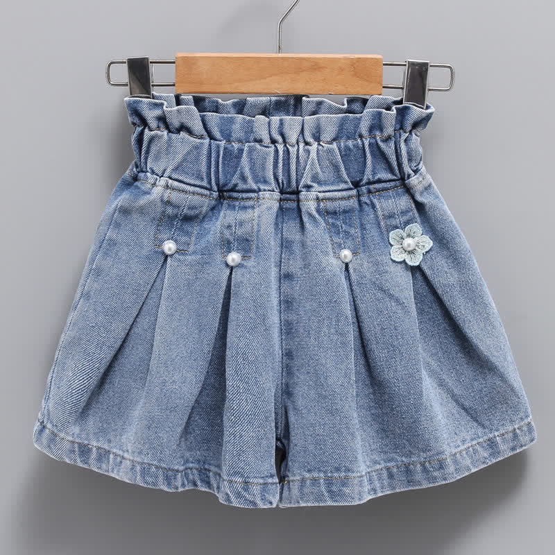 Kid Girl Elastic Waist Pleated Denim Shorts