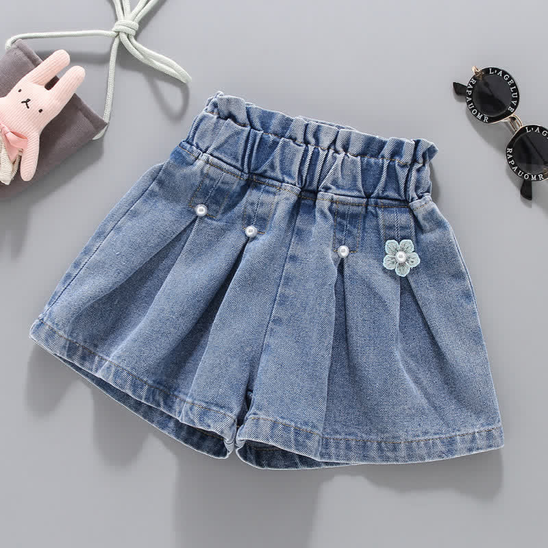 Kid Girl Elastic Waist Pleated Denim Shorts