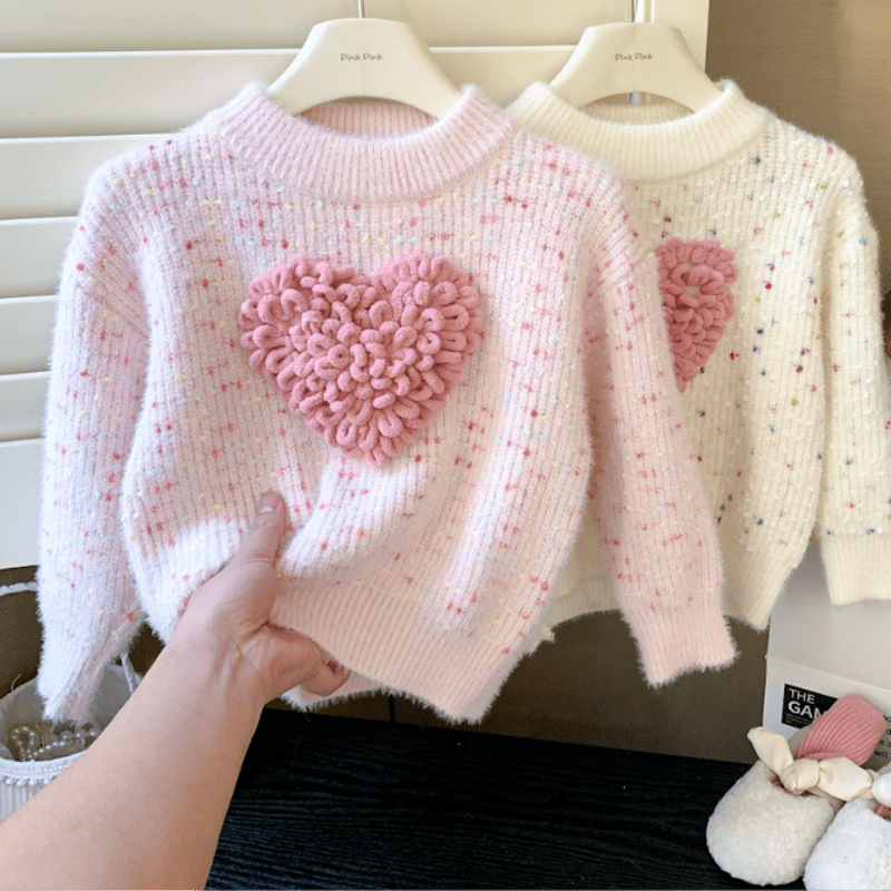 Kid Girl Pink Heart Knitted Pullover Sweater