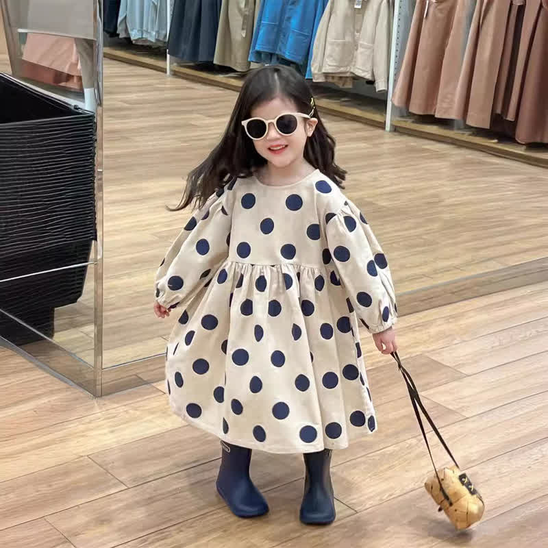 Kid Girl Retro Polka Dots Brushed Long Sleeve Dress