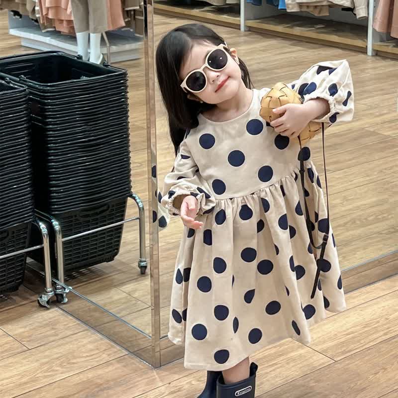 Kid Girl Retro Polka Dots Brushed Long Sleeve Dress