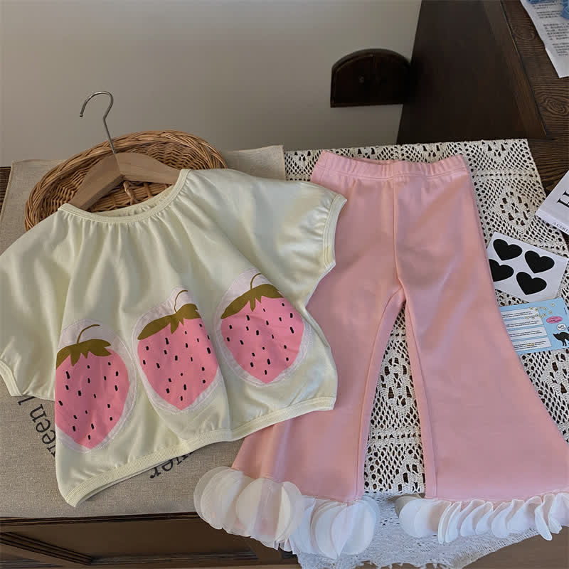 Kid Girl Strawberry Petal Hem Pants 2-piece Set