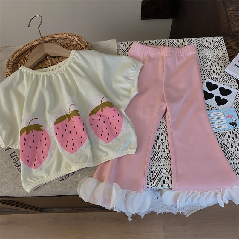 Kid Girl Strawberry Petal Hem Pants 2-piece Set