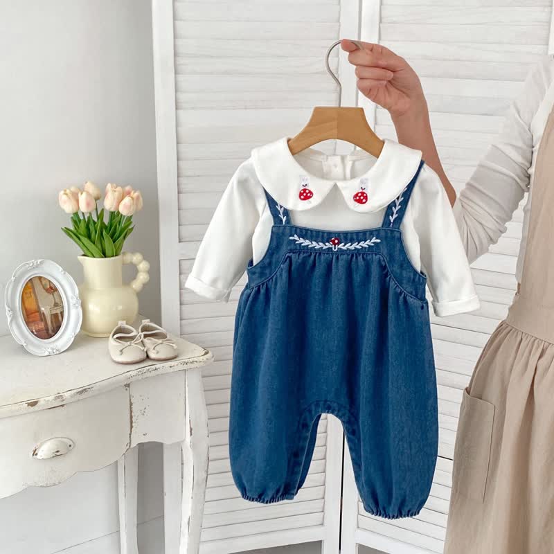 Baby Embroidered Mushroom Lovely Overalls/T-Shirt