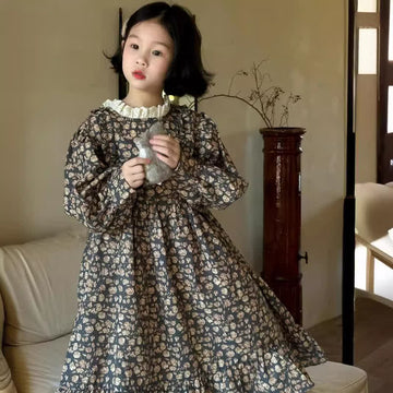 Kid Girl Lace Trim Collar Floral Long Sleeves Dress