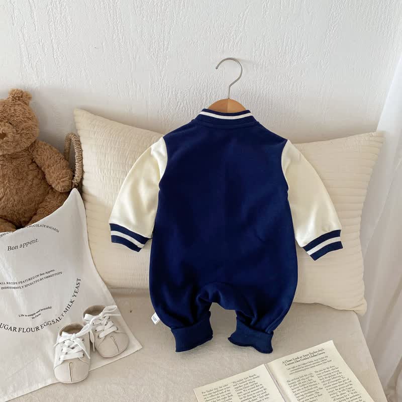 BASEBALL Baby Contrast Sleeves Bear Romper