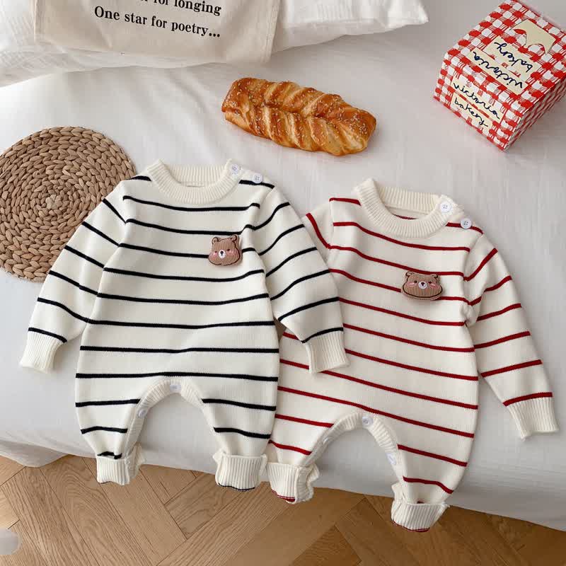 Baby 3D Bear Striped Knitted Romper