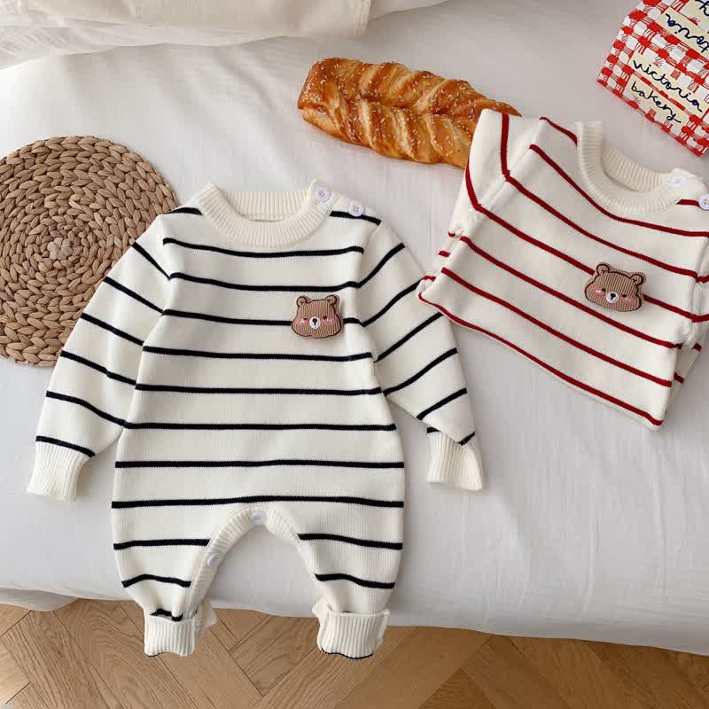 Baby 3D Bear Striped Knitted Romper