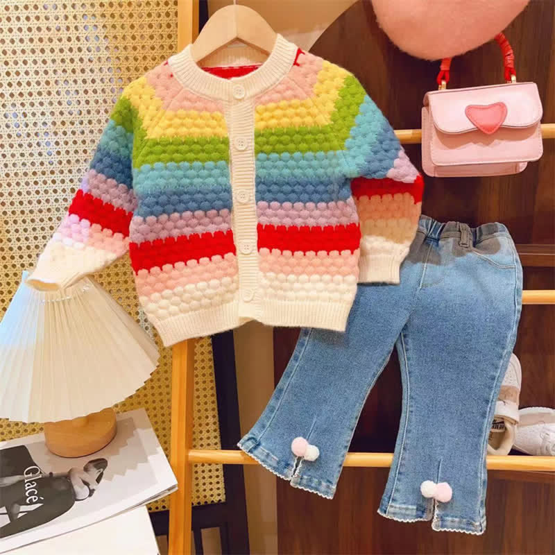 Kid Girl Rainbow Colored Knit Cardigan Sweater