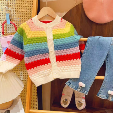 Kid Girl Rainbow Colored Knit Cardigan Sweater