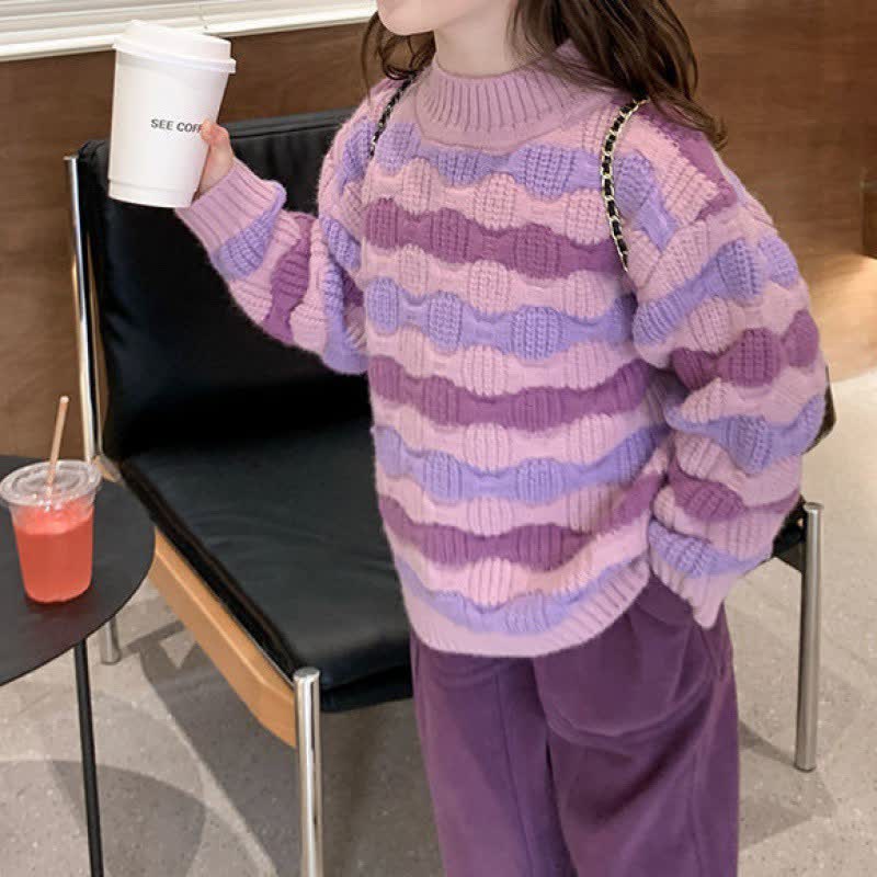 Kid Girl Purple Striped Pullover Knit Sweater