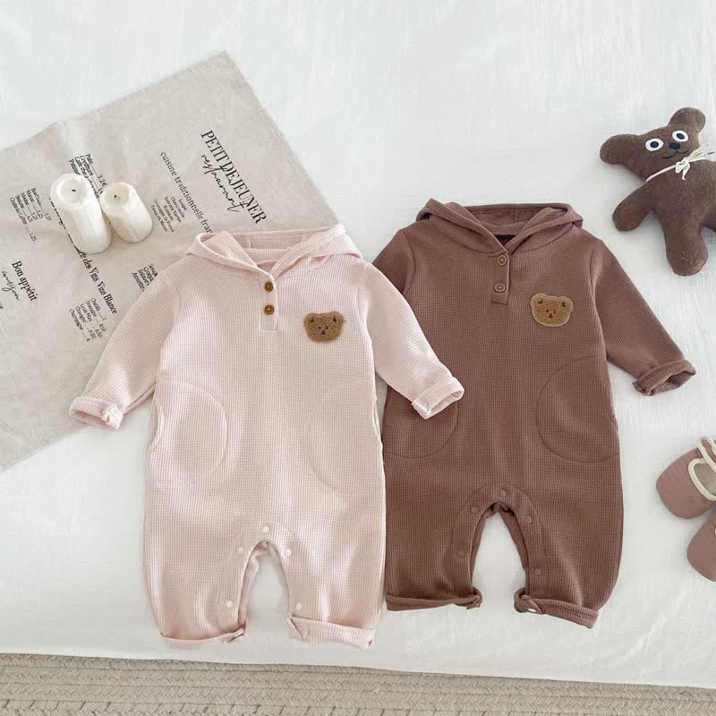 Baby Hooded Bear Patch Waffle Romper