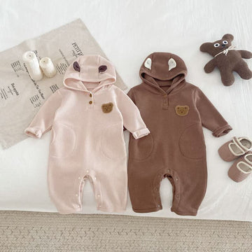 Baby Hooded Bear Patch Waffle Romper