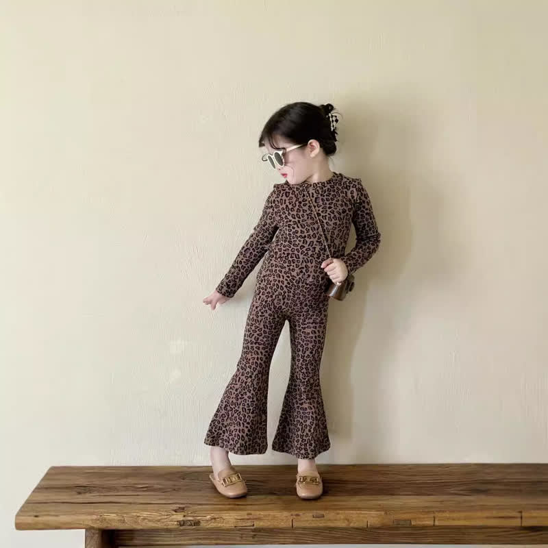 Kid Girl Stretch-knit Leopard Print Flared Pants Set