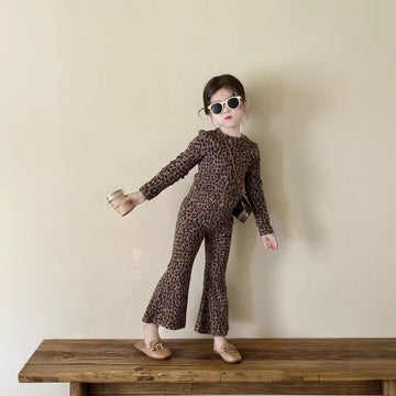 Kid Girl Stretch-knit Leopard Print Flared Pants Set