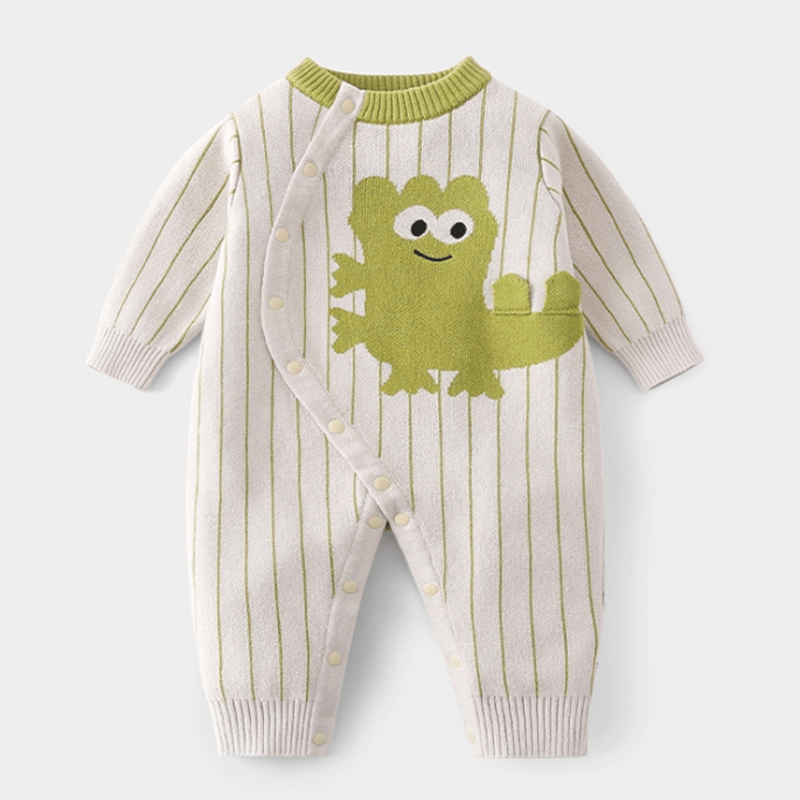 Baby Vertical Striped Green Dinosaur Romper