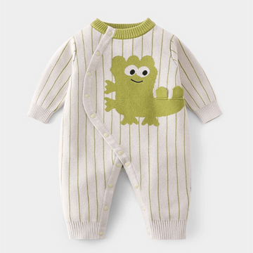 Baby Vertical Striped Green Dinosaur Romper