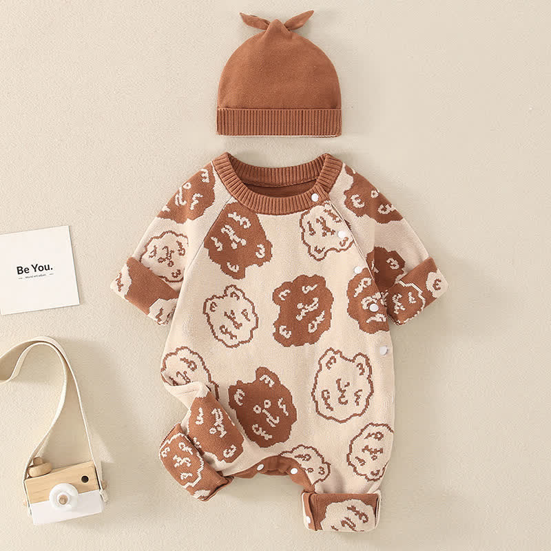 Baby Brown Bear Knitted Romper with Hat