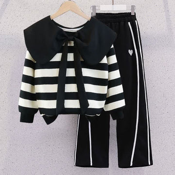 Kid Girl Lapel Striped Long-sleeved 2-piece Set