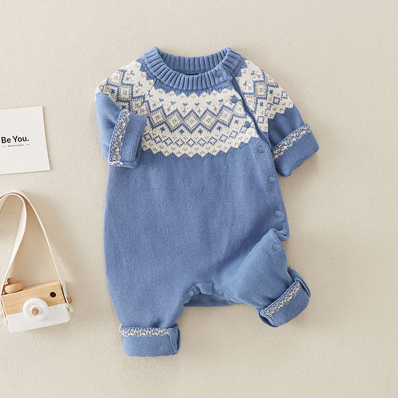 Baby Retro Diamond Blue Knitted Romper