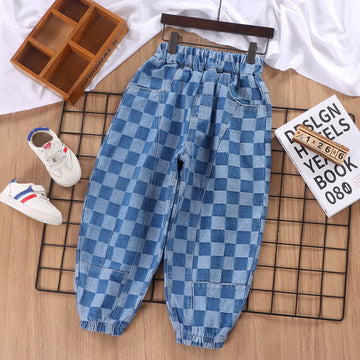 Kid Boy Blue Checkered Jeans Pants