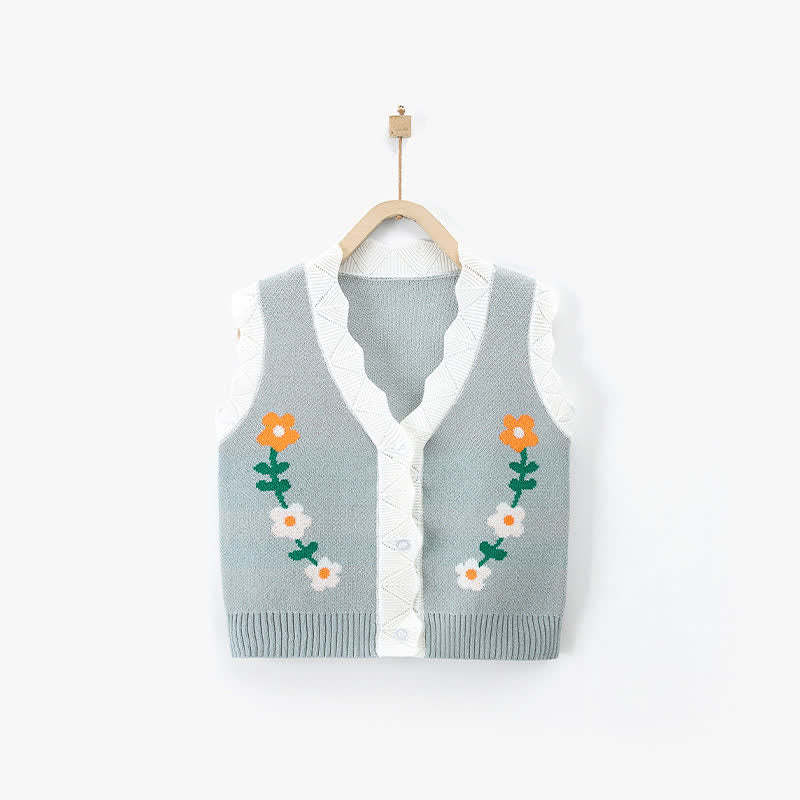 Toddler Girl Flower Knitted Grey Vest