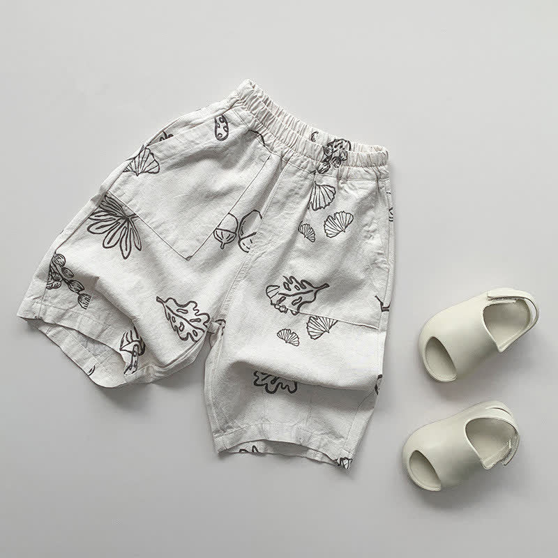 Toddler Beige Linen Leaves Loose Pants