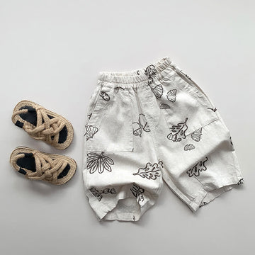 Toddler Beige Linen Leaves Loose Pants