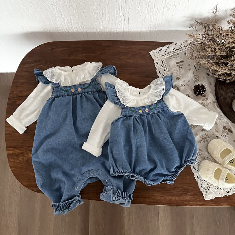 Baby 2-Piece Flower Denim Romper/Bodysuit Set