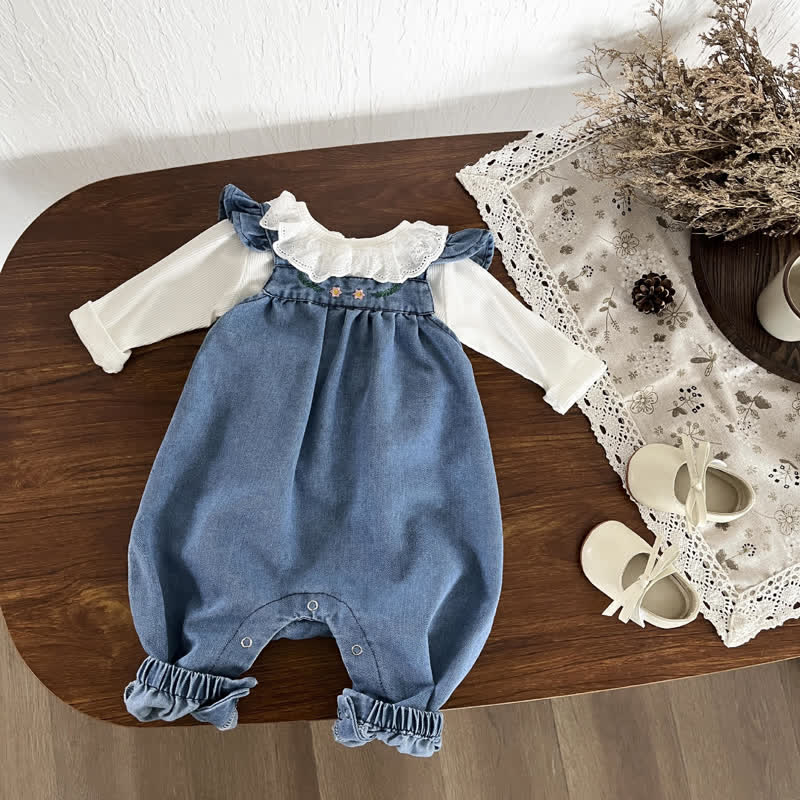 Baby 2-Piece Flower Denim Romper/Bodysuit Set