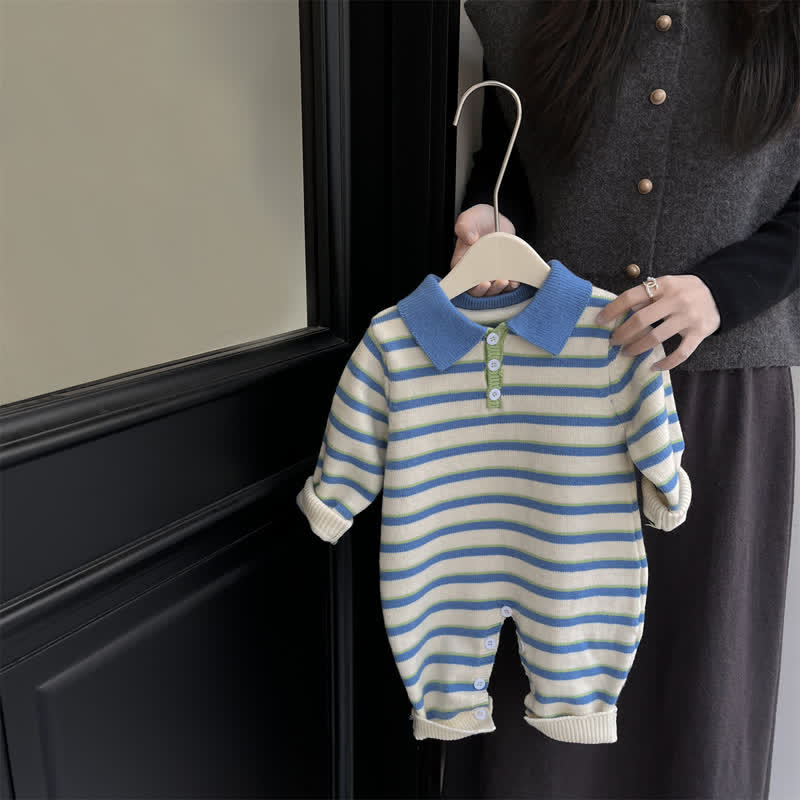 Baby Blue Striped Polo Romper/Sweater