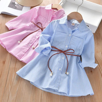 Kid Girl Striped Shirt Button Up Tie Dress