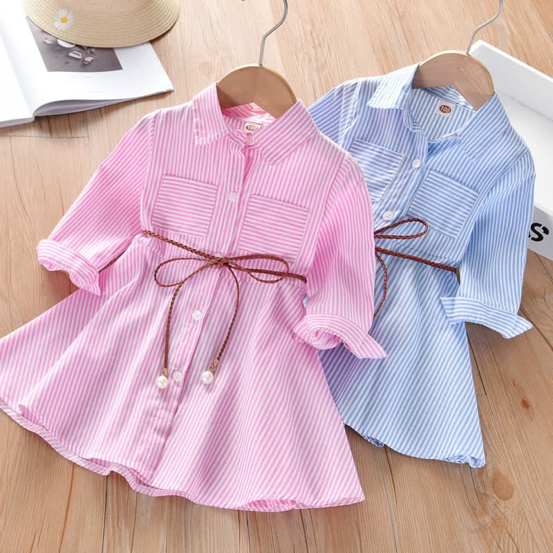 Kid Girl Striped Shirt Button Up Tie Dress