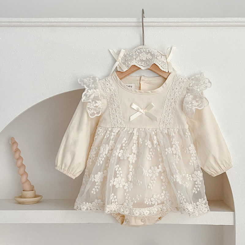 Baby Beige Lace Flower Bodysuit with Headband