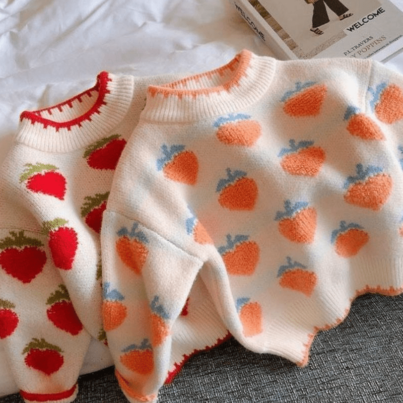 Kid Girl Strawberry Thickened Knit Sweater