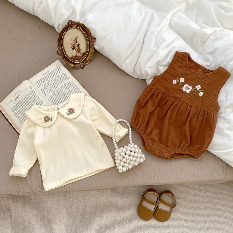 Baby Embroidered Bear Flower Bodysuit/T-shirt