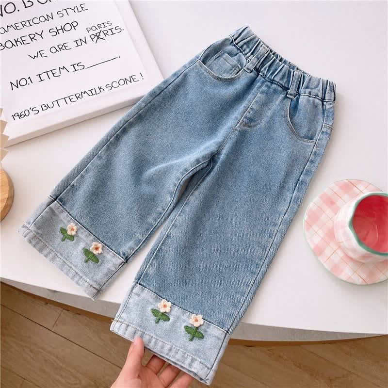 Kid Girl Embroidered Flower Jeans Pants