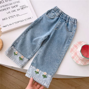 Kid Girl Embroidered Flower Jeans Pants