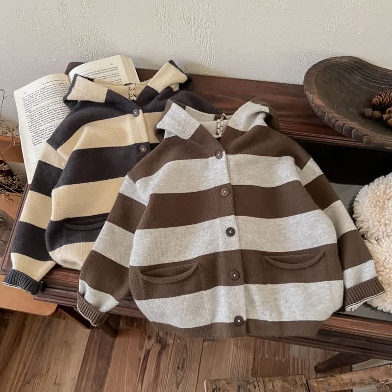 Toddler Hooded Striped Button Knitted Cardigan