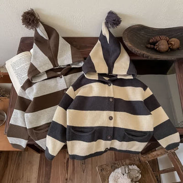 Toddler Hooded Striped Button Knitted Cardigan