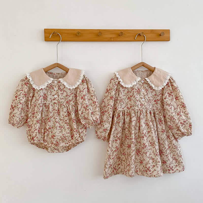 Baby Toddler Khaki Flower Lapels Bodysuit Dress