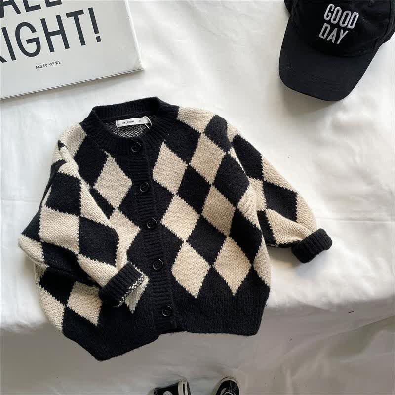 Kid Boy Diamond Plaid Knit Cardigan Sweater