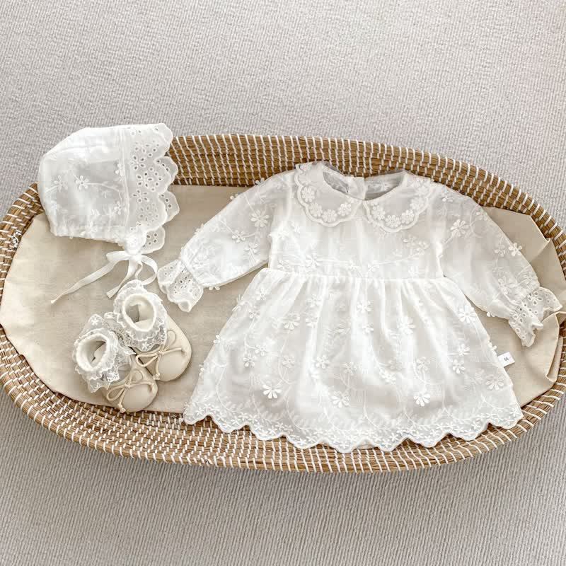 Baby White Flower Skirted Bodysuit with Bonnet