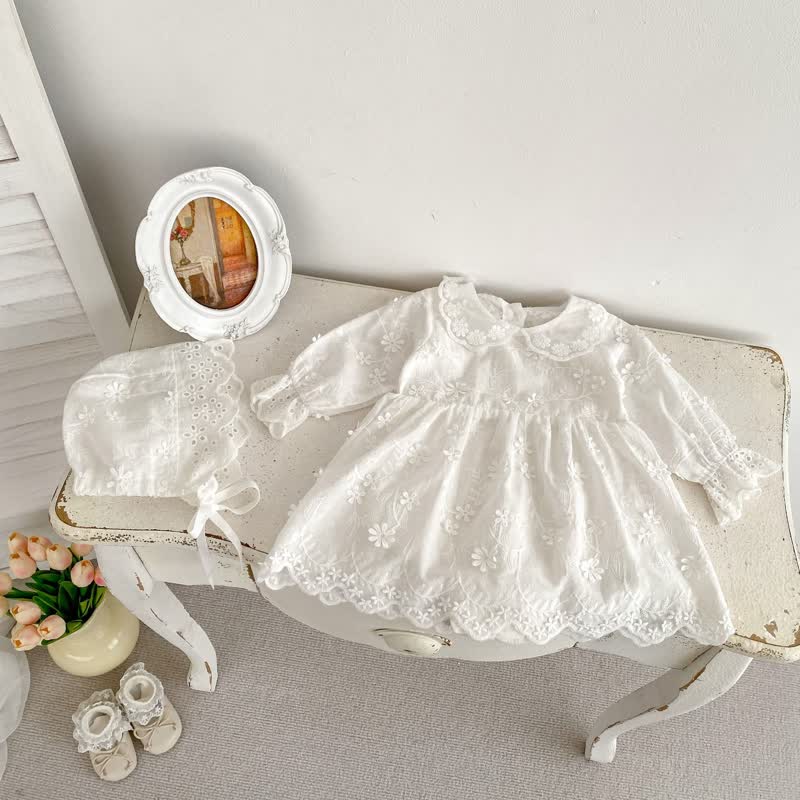 Baby White Flower Skirted Bodysuit with Bonnet