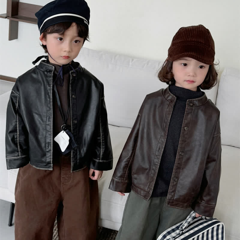 Kid Solid Color Biker Style Leather Jacket